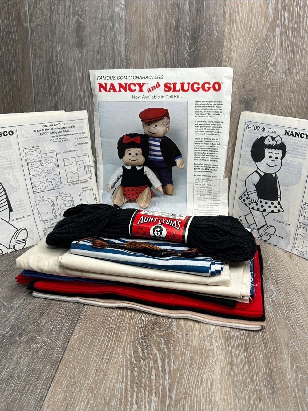 Vintage 1983 Nancy and Sluggo Doll Craft Kit Sewing Pattern Felt Fabric Yarn Set